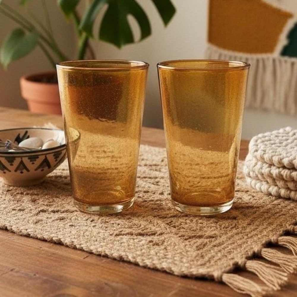 Hand Blown Amber‎ Bubble Glasses, Set of 2, Golden Tumbler, Artisanal Drinkware